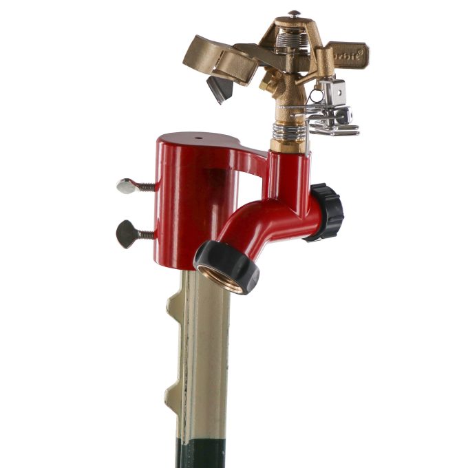 Brass Impact Sprinkler on Fence T-Post Base with Flow Through